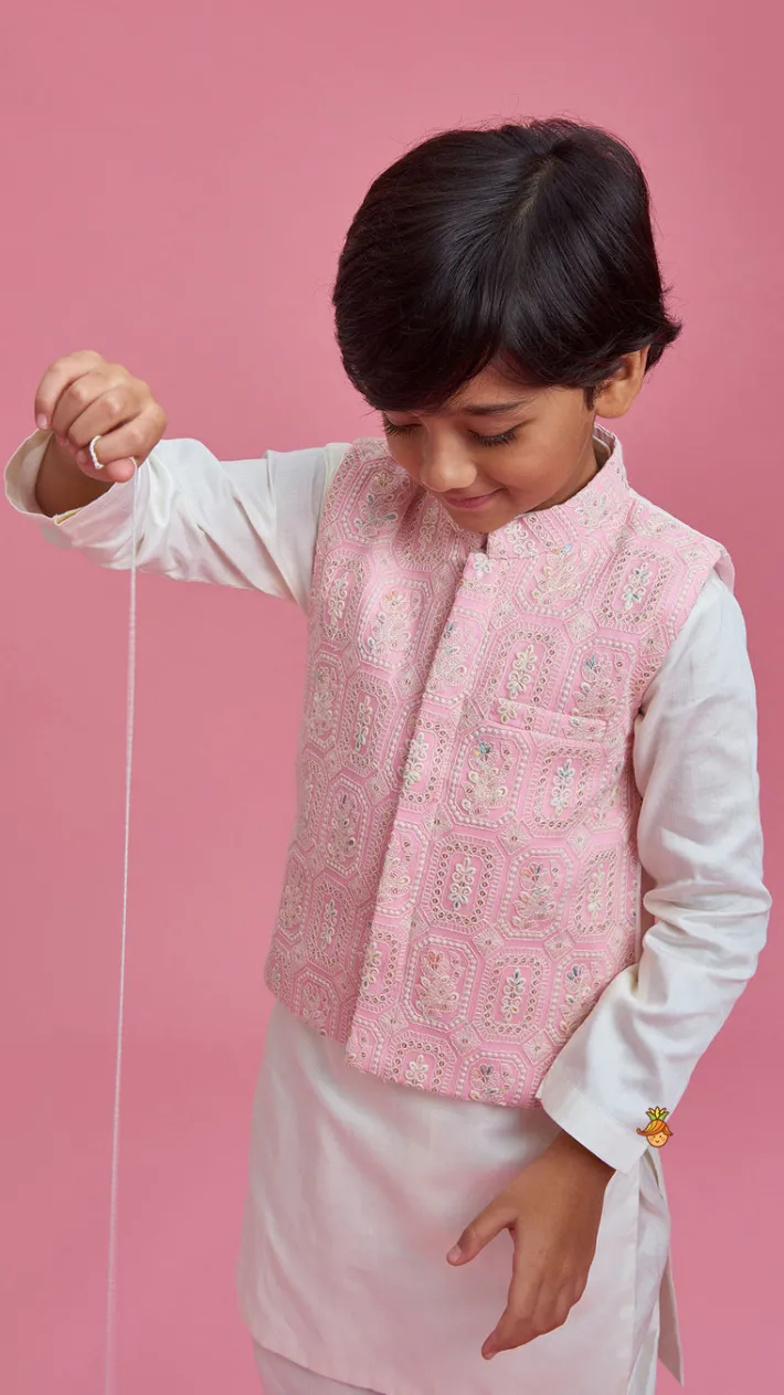 Hot Off White Kurta And Churidar With Pink Chikankari Embroidered Jacket BOY Indian Ethnic Wear | Ethnic Sets