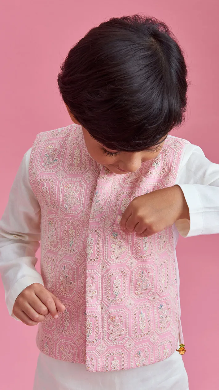 Hot Off White Kurta And Churidar With Pink Chikankari Embroidered Jacket BOY Indian Ethnic Wear | Ethnic Sets