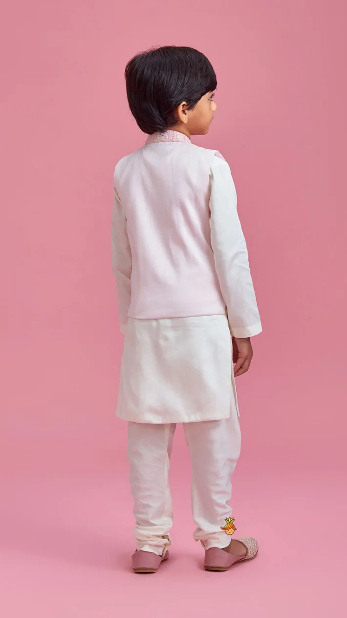 Hot Off White Kurta And Churidar With Pink Chikankari Embroidered Jacket BOY Indian Ethnic Wear | Ethnic Sets