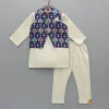 Clearance Off White Kurta With Blue Printed Embroidered Jacket And Pyjama BOY Indian Ethnic Wear | Ethnic Sets