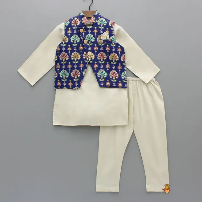 Clearance Off White Kurta With Blue Printed Embroidered Jacket And Pyjama BOY Indian Ethnic Wear | Ethnic Sets
