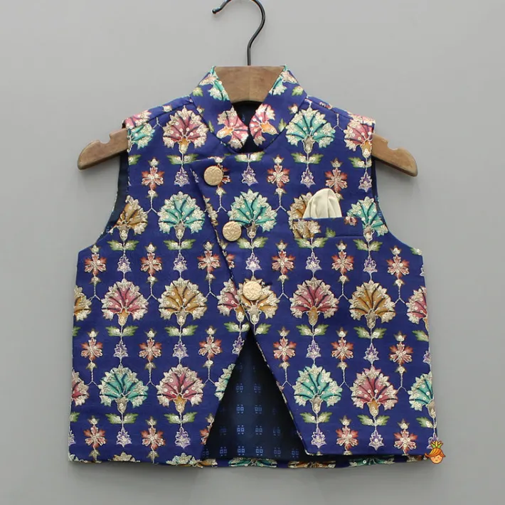 Clearance Off White Kurta With Blue Printed Embroidered Jacket And Pyjama BOY Indian Ethnic Wear | Ethnic Sets