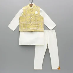 Sale Off White Kurta With Embroidered Jacket And Pyjama BOY Indian Ethnic Wear | Ethnic Sets