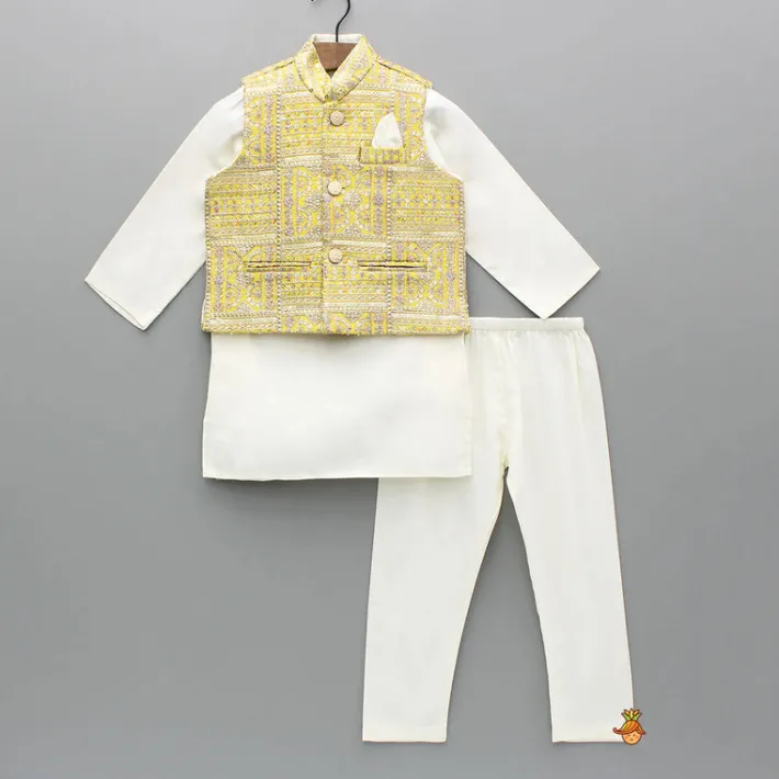Sale Off White Kurta With Embroidered Jacket And Pyjama BOY Indian Ethnic Wear | Ethnic Sets