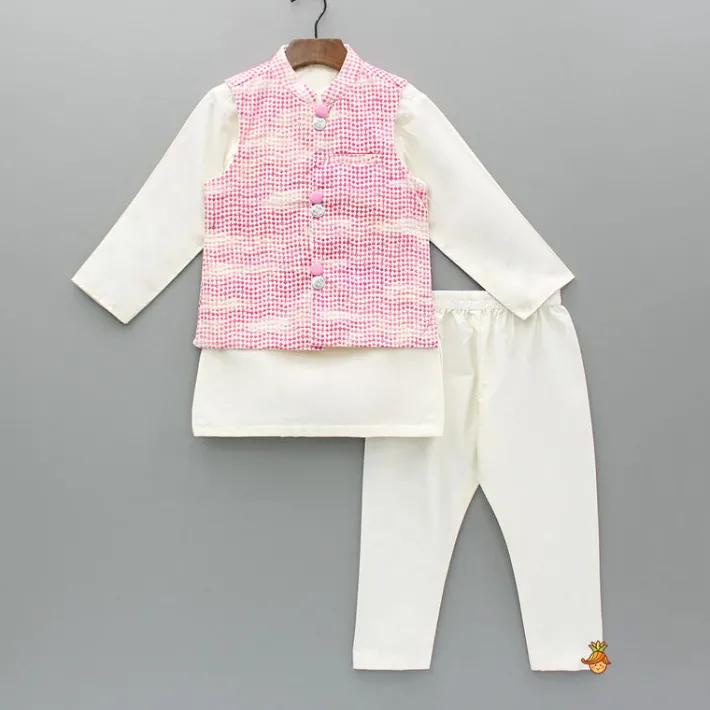 Clearance Off White Kurta With Embroidered Jacket And Pyjama BOY Indian Ethnic Wear | Ethnic Sets