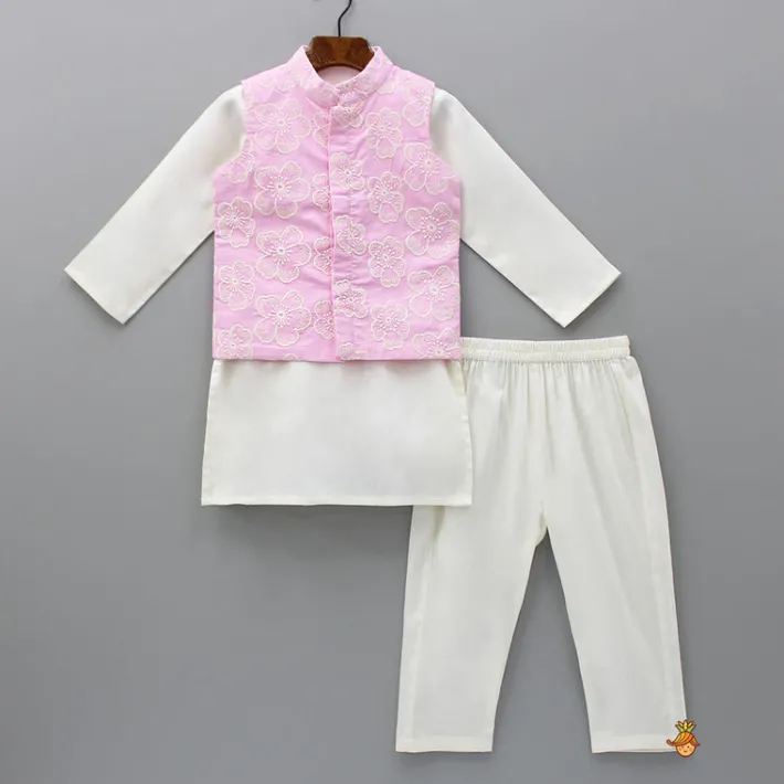 Discount Off White Kurta With Embroidered Pink Jacket And Pyjama BOY Twinning Sets | Indian Ethnic Wear
