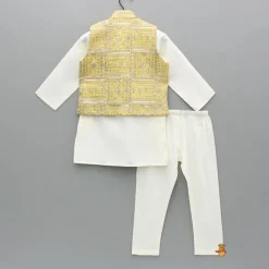 Sale Off White Kurta With Embroidered Jacket And Pyjama BOY Indian Ethnic Wear | Ethnic Sets