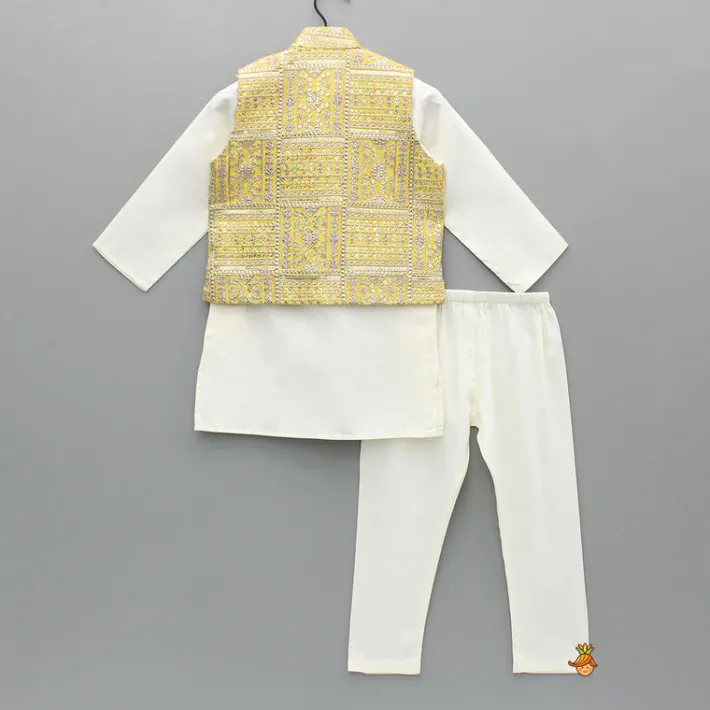 Sale Off White Kurta With Embroidered Jacket And Pyjama BOY Indian Ethnic Wear | Ethnic Sets