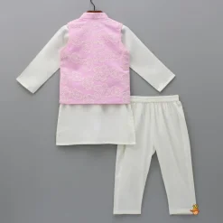 Discount Off White Kurta With Embroidered Pink Jacket And Pyjama BOY Twinning Sets | Indian Ethnic Wear