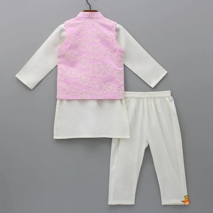 Discount Off White Kurta With Embroidered Pink Jacket And Pyjama BOY Twinning Sets | Indian Ethnic Wear