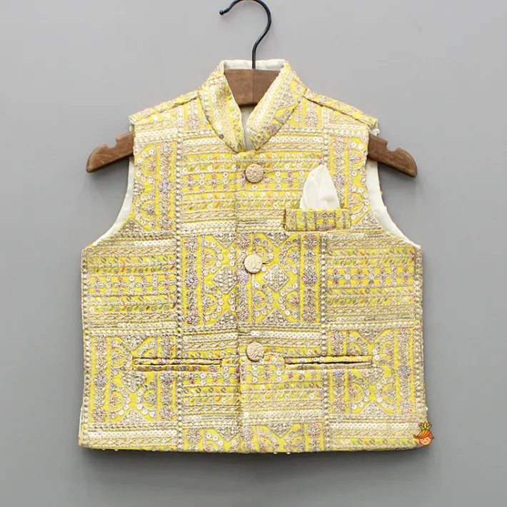Sale Off White Kurta With Embroidered Jacket And Pyjama BOY Indian Ethnic Wear | Ethnic Sets