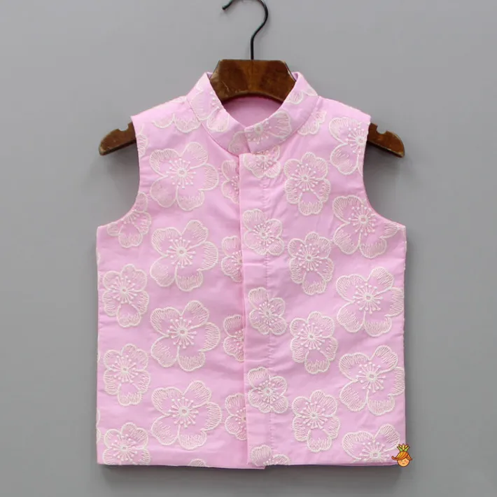 Discount Off White Kurta With Embroidered Pink Jacket And Pyjama BOY Twinning Sets | Indian Ethnic Wear