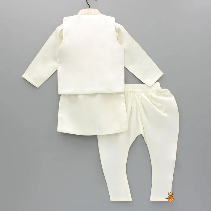 New Off White Kurta With Exquisite Embroidered Jacket And Churidar BOY Indian Ethnic Wear | Ethnic Sets