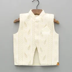 New Off White Kurta With Exquisite Embroidered Jacket And Churidar BOY Indian Ethnic Wear | Ethnic Sets