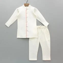 Discount Off White Kurta With Floral Printed Jacket And Pyjama BOY Indian Ethnic Wear | Ethnic Sets