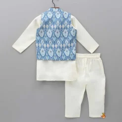 Sale Off White Kurta With Stylish Hem Jacket And Pyjama BOY Twinning Sets | Indian Ethnic Wear