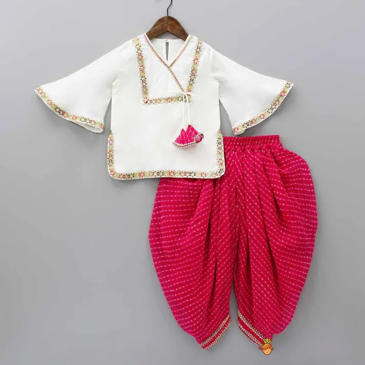 Best Off White Kurti And Leheriya Printed Pink Dhoti Twinning Sets | Ethnic Wear