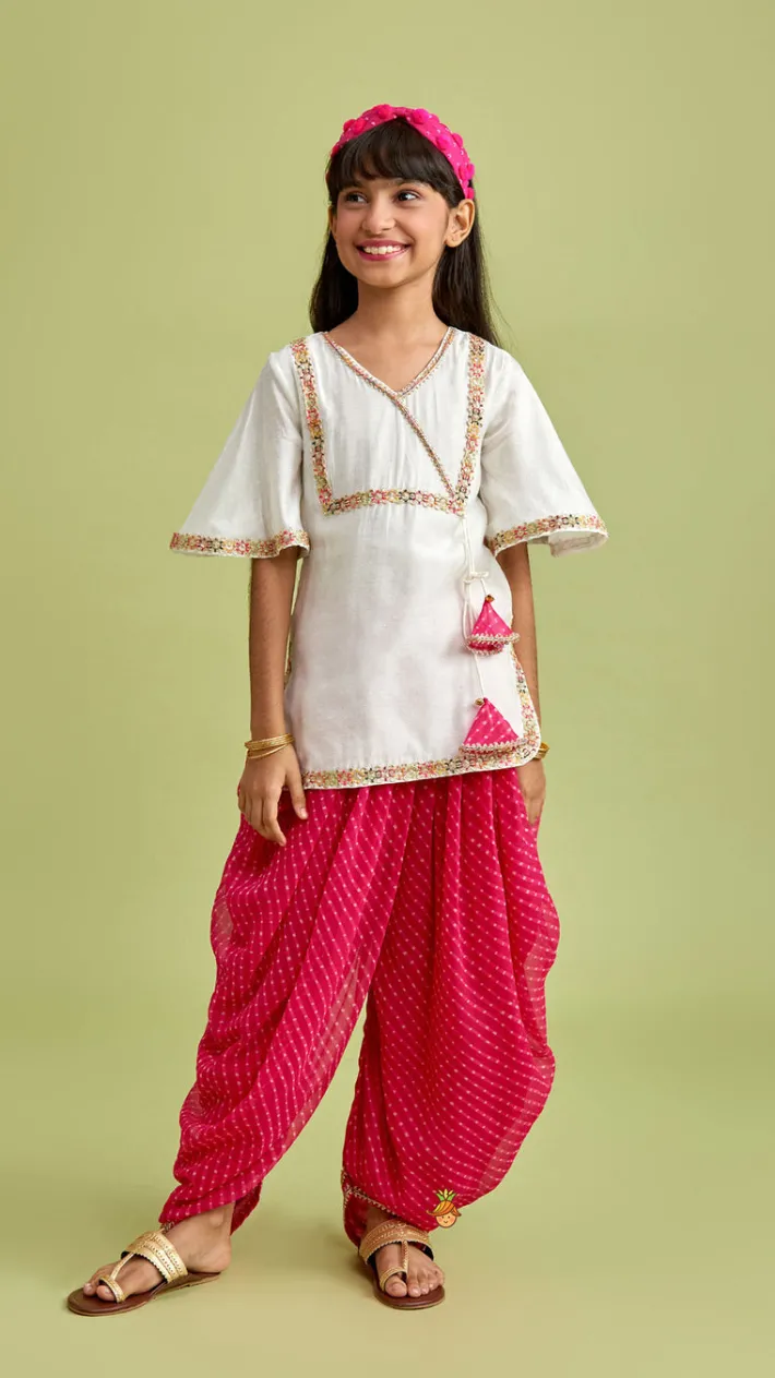 Best Off White Kurti And Leheriya Printed Pink Dhoti Twinning Sets | Ethnic Wear