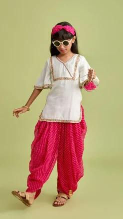 Best Off White Kurti And Leheriya Printed Pink Dhoti Twinning Sets | Ethnic Wear
