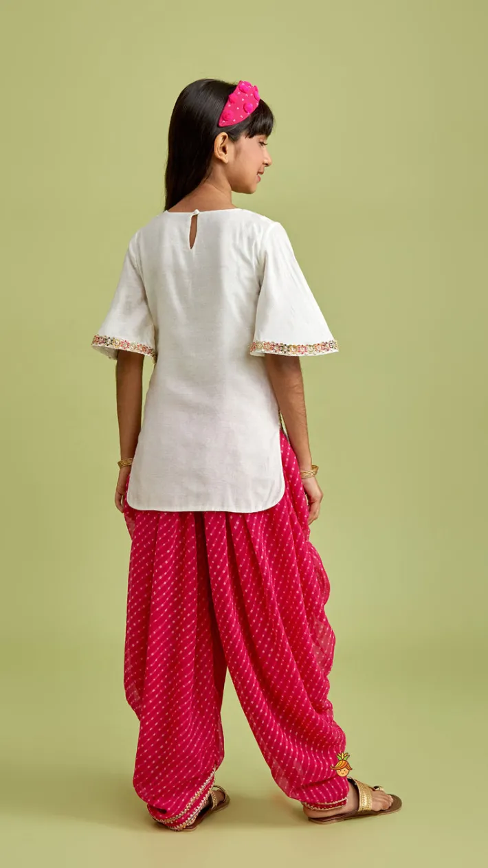 Best Off White Kurti And Leheriya Printed Pink Dhoti Twinning Sets | Ethnic Wear