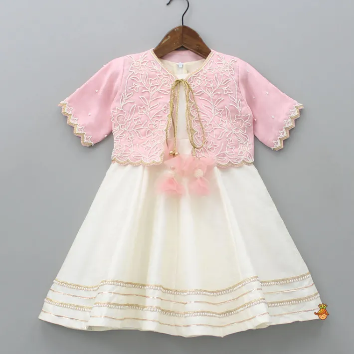 Fashion Off White Kurti With Pink Organza Jacket Ethnic Wear