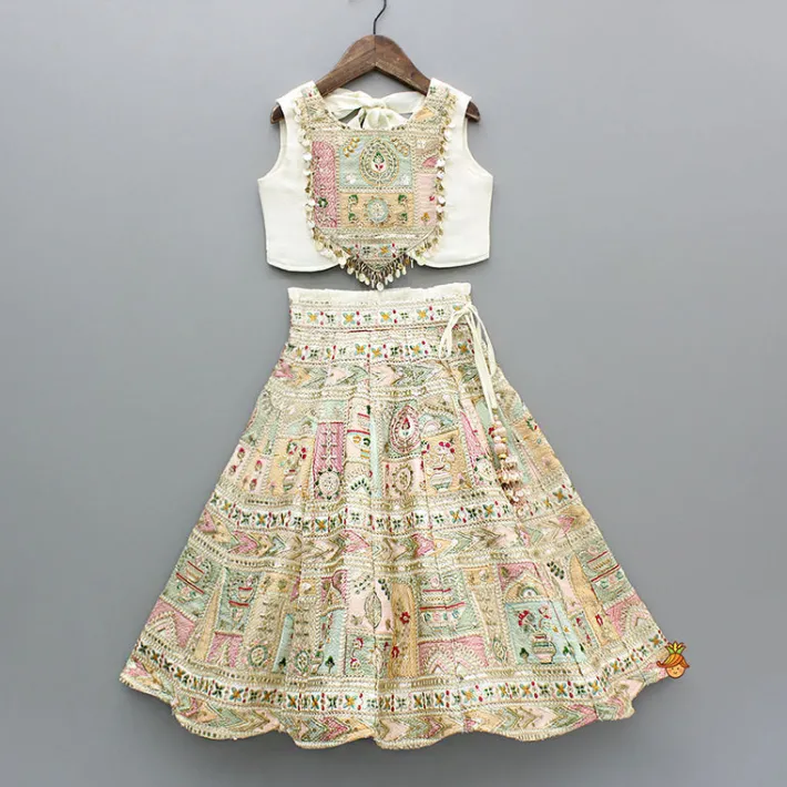 Sale Off White Multicolour Embroidered And Embellished Top With Lehenga Ethnic Wear | Lehengas & Ghagras