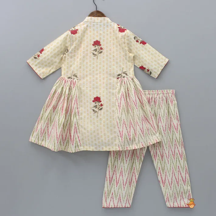 Sale Off White Printed Top With Front Tie-Up Knot Jacket And Pant Ethnic Wear | Churidars & Salwars