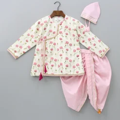 Clearance Off White Tie Up Angarkha Kurta And Dhoti With Pink Mukut BOY Indian Ethnic Wear | Ethnic Sets