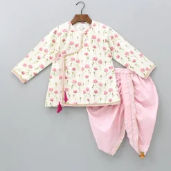 Clearance Off White Tie Up Angarkha Kurta And Dhoti With Pink Mukut BOY Indian Ethnic Wear | Ethnic Sets