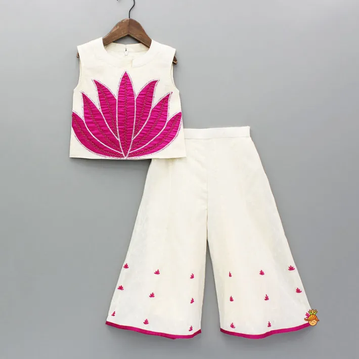 Online Off White Top With Pink Lotus Applique Embroidery And Palazzo Ethnic Wear | Palazzos & Shararas