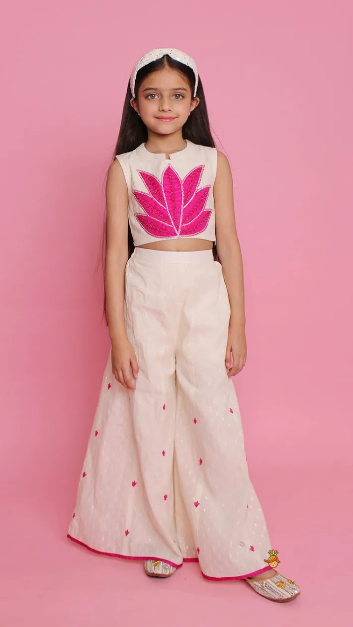 Online Off White Top With Pink Lotus Applique Embroidery And Palazzo Ethnic Wear | Palazzos & Shararas
