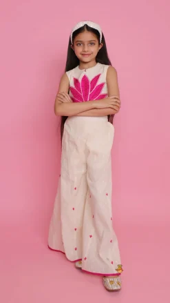 Online Off White Top With Pink Lotus Applique Embroidery And Palazzo Ethnic Wear | Palazzos & Shararas