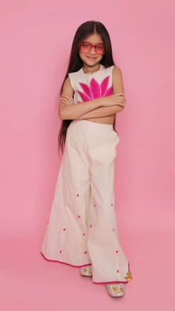 Online Off White Top With Pink Lotus Applique Embroidery And Palazzo Ethnic Wear | Palazzos & Shararas