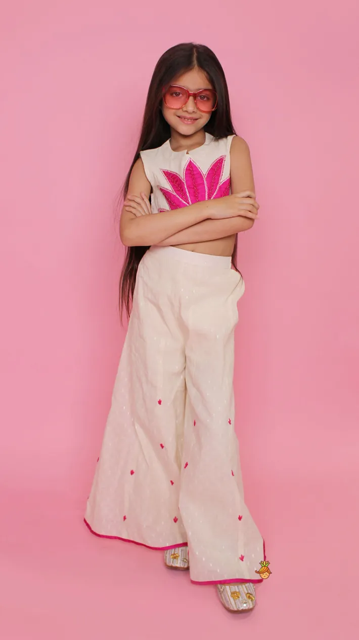 Online Off White Top With Pink Lotus Applique Embroidery And Palazzo Ethnic Wear | Palazzos & Shararas