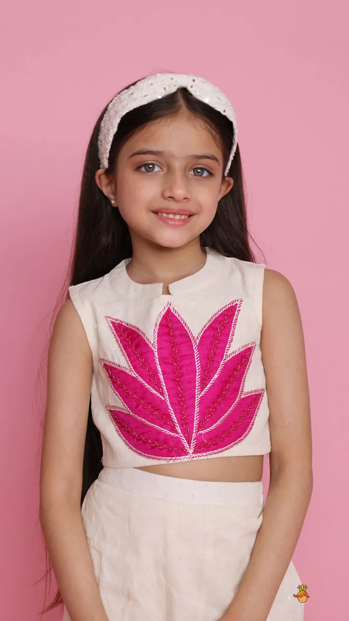 Online Off White Top With Pink Lotus Applique Embroidery And Palazzo Ethnic Wear | Palazzos & Shararas