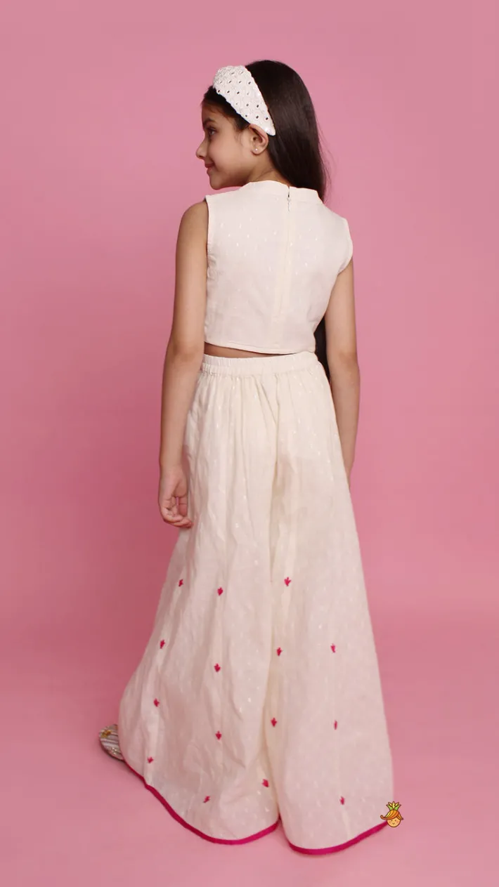 Online Off White Top With Pink Lotus Applique Embroidery And Palazzo Ethnic Wear | Palazzos & Shararas