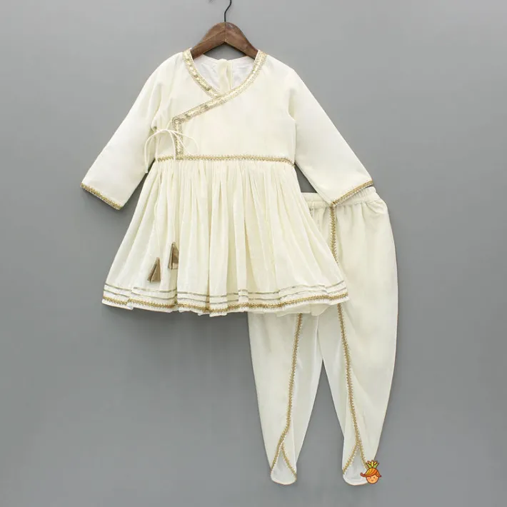 Best Off White Velvet Lace Detailed Kurti And Tulip Dhoti With Net Dupatta Ethnic Wear | Dhotis & Patialas