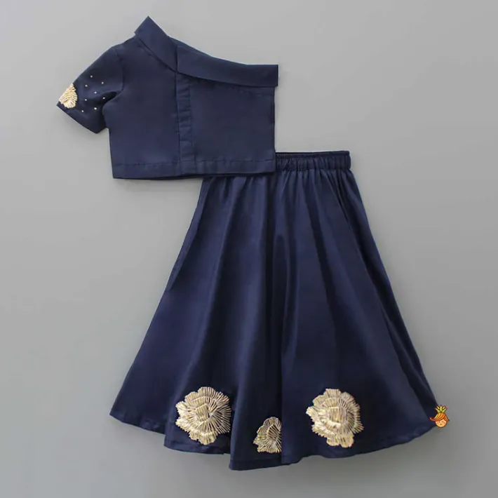 New One Shoulder Blue Top And Floral Lehenga Twinning Sets | Ethnic Wear