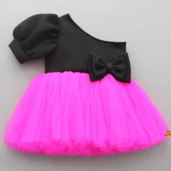 Fashion One Shoulder Bow Enhanced Pink And Black Net Dress Dresses & Sets | Dresses