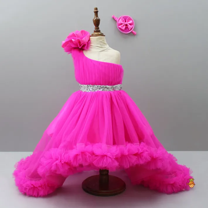 Outlet One Shoulder High Low Pink Dress With Matching Head Band And Detachable bow Dresses & Sets | Dresses