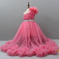 Discount One Shoulder High Low Pink Net Dress With Matching Hairclip Dresses & Sets | Dresses