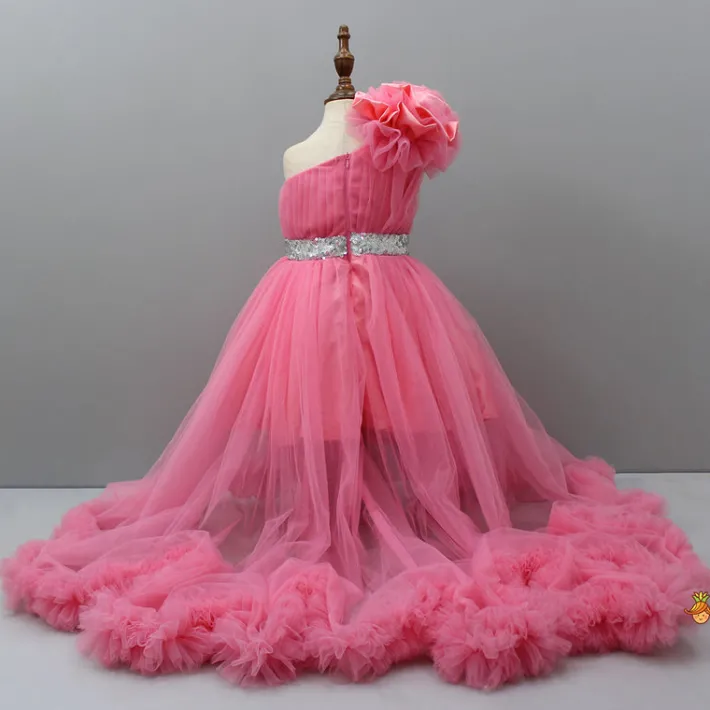 Discount One Shoulder High Low Pink Net Dress With Matching Hairclip Dresses & Sets | Dresses