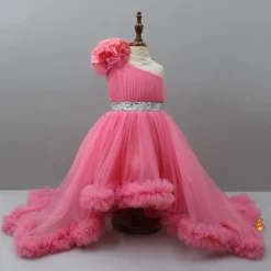 Discount One Shoulder High Low Pink Net Dress With Matching Hairclip Dresses & Sets | Dresses