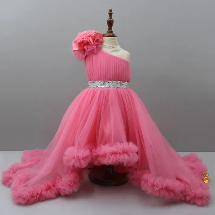 Discount One Shoulder High Low Pink Net Dress With Matching Hairclip Dresses & Sets | Dresses