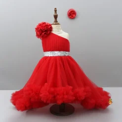 Online One Shoulder High Low Red Dress With Matching Hairclip And Detachable bow Dresses & Sets | Dresses