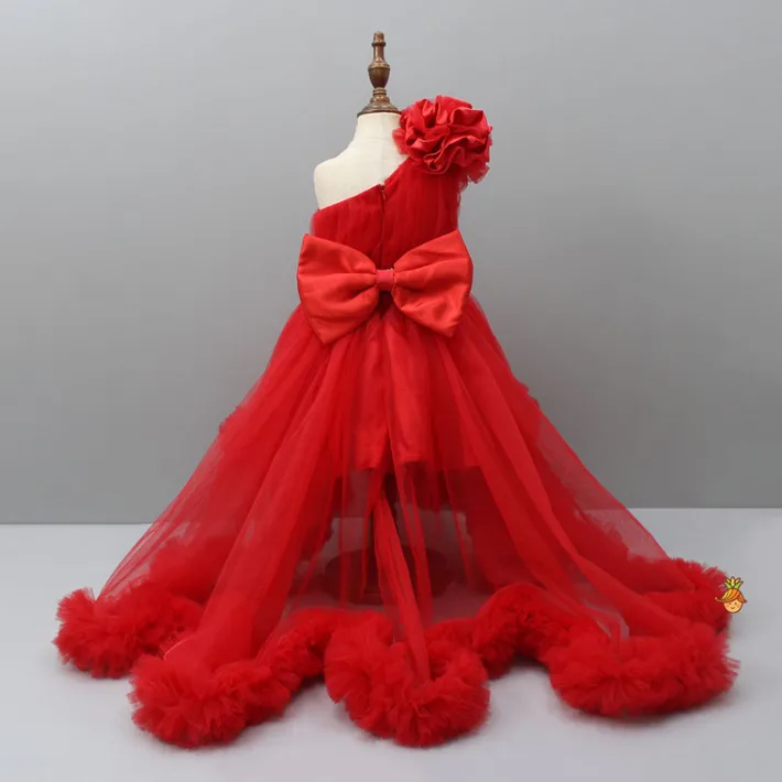 Online One Shoulder High Low Red Dress With Matching Hairclip And Detachable bow Dresses & Sets | Dresses