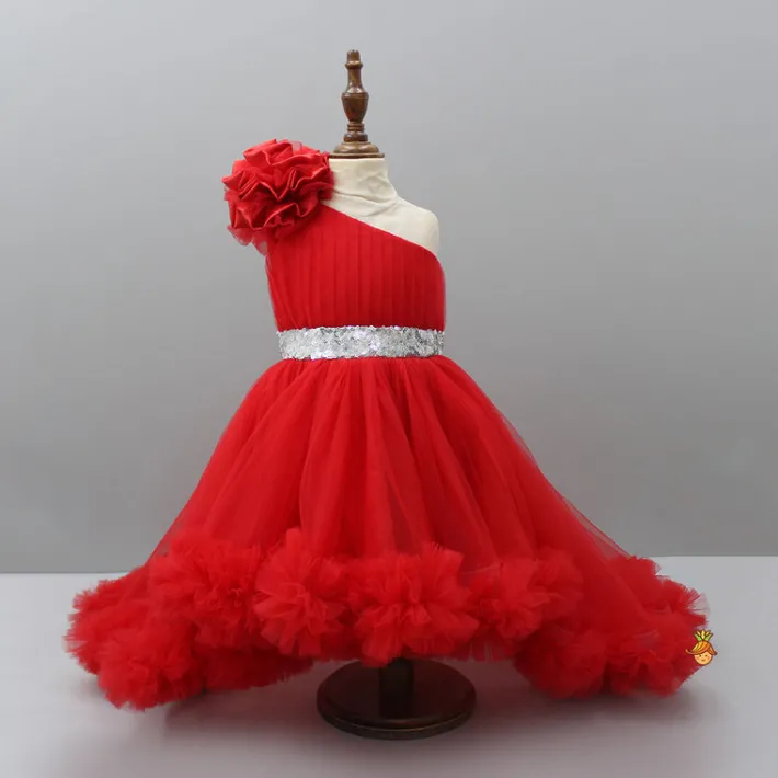 Online One Shoulder High Low Red Dress With Matching Hairclip And Detachable bow Dresses & Sets | Dresses