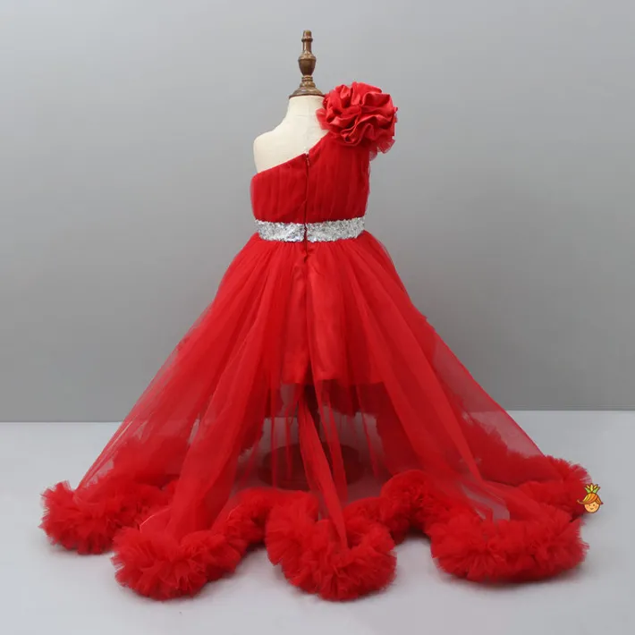 Online One Shoulder High Low Red Dress With Matching Hairclip And Detachable bow Dresses & Sets | Dresses
