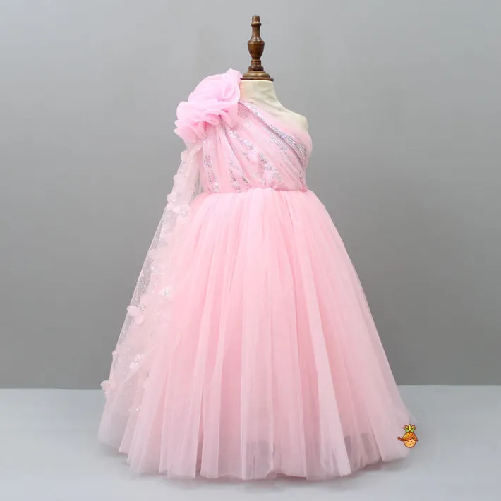 Clearance One Shoulder Pink Net Drape Gown Dresses & Sets | Gowns