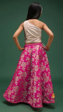 New One Shoulder Top With Floral Brocade Embroidered Lehenga And Pink Dupatta Ethnic Wear | Lehengas & Ghagras